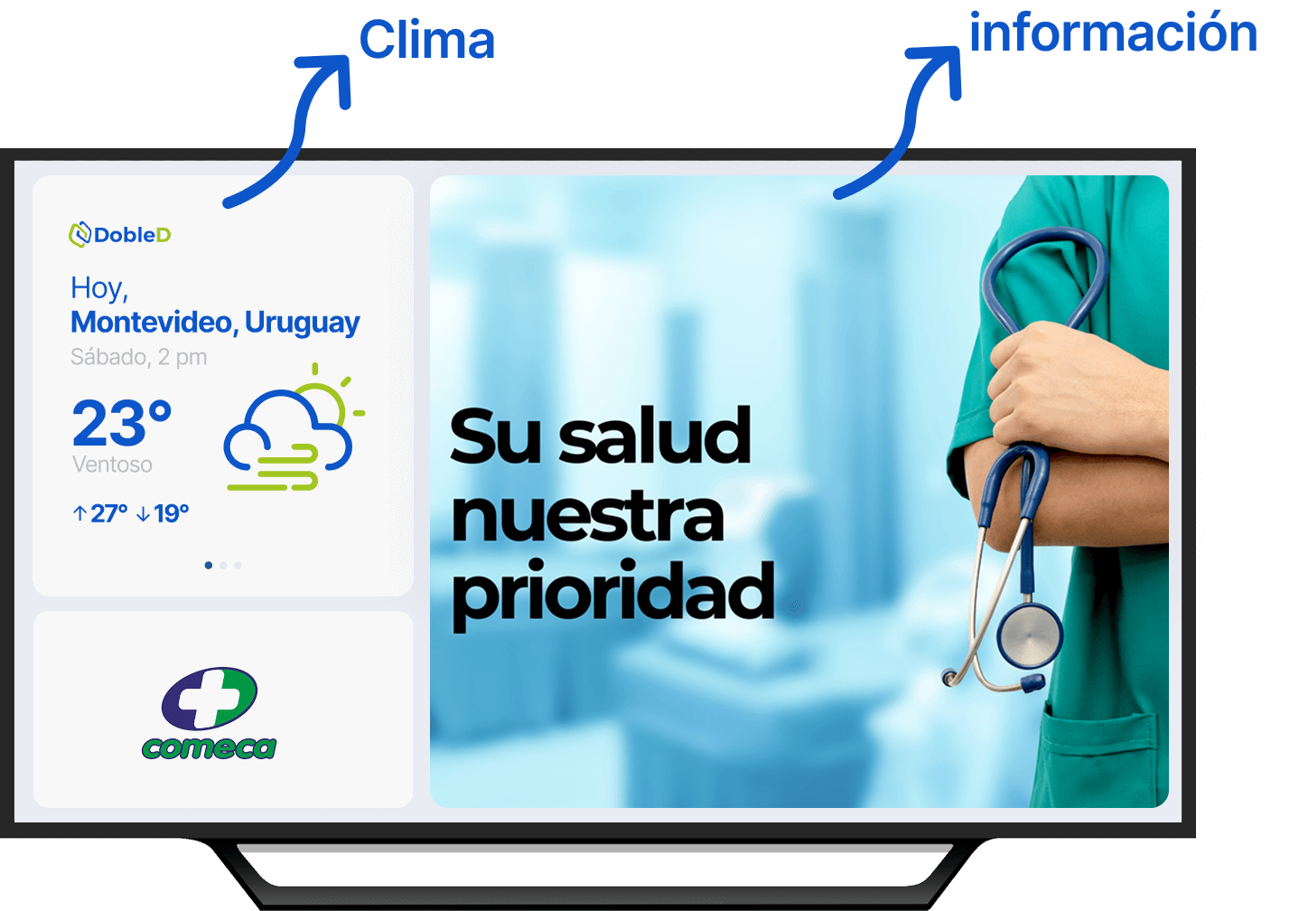 Gestor de contenidos para cartelería digital de DobleD en una laptop.