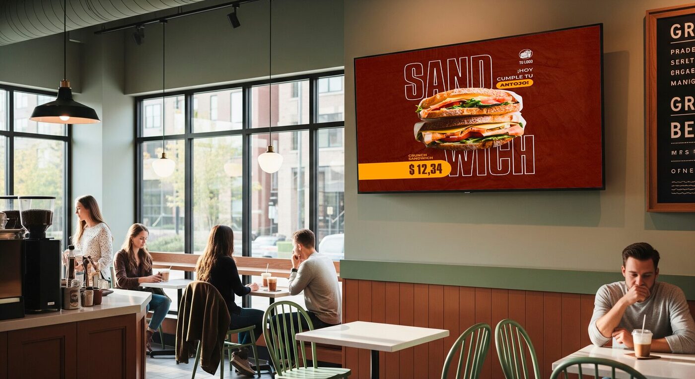 Menú digital DobleD en la barra de una cafetería en Uruguay