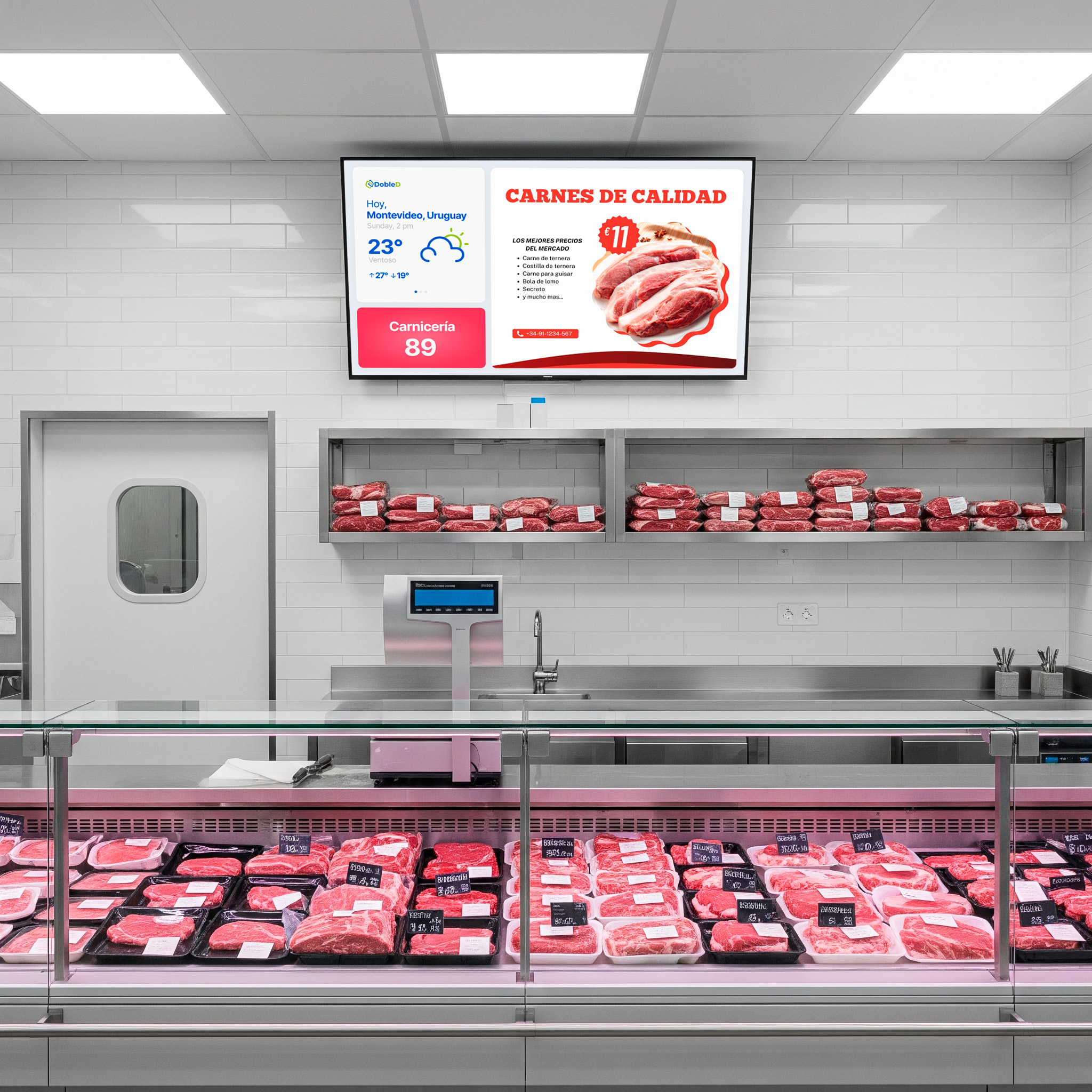 Sistema de turnos DobleD mostrando productos elaborados en una carnicería.