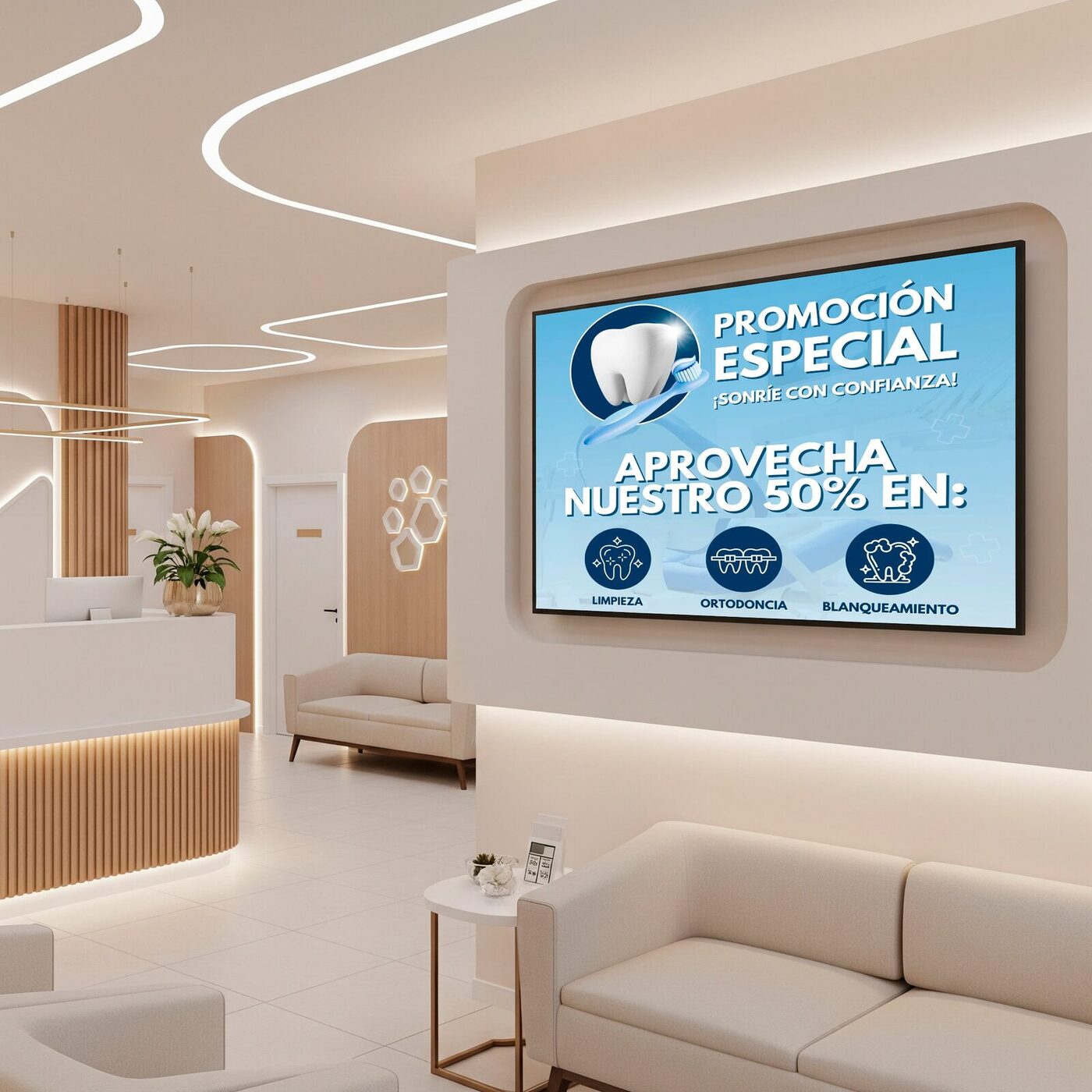 Software DobleD mostrando turnero y cartelería digital integrados en una pantalla