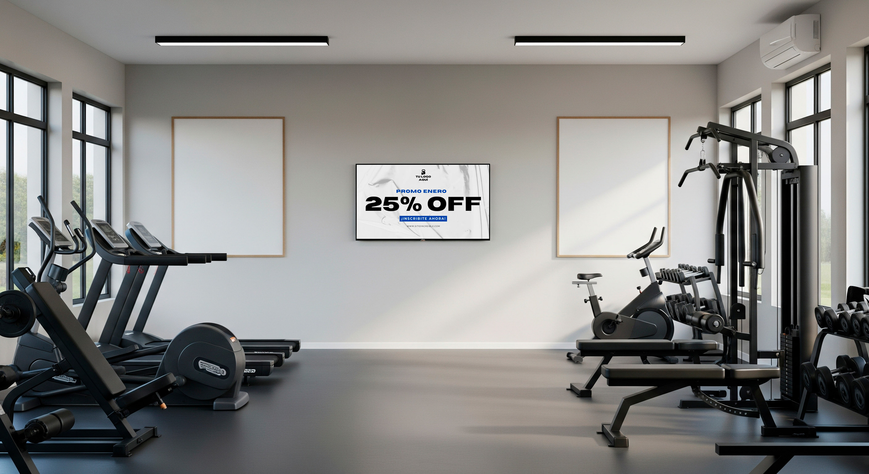 Pantalla digital en un gimnasio de Montevideo mostrando horarios.