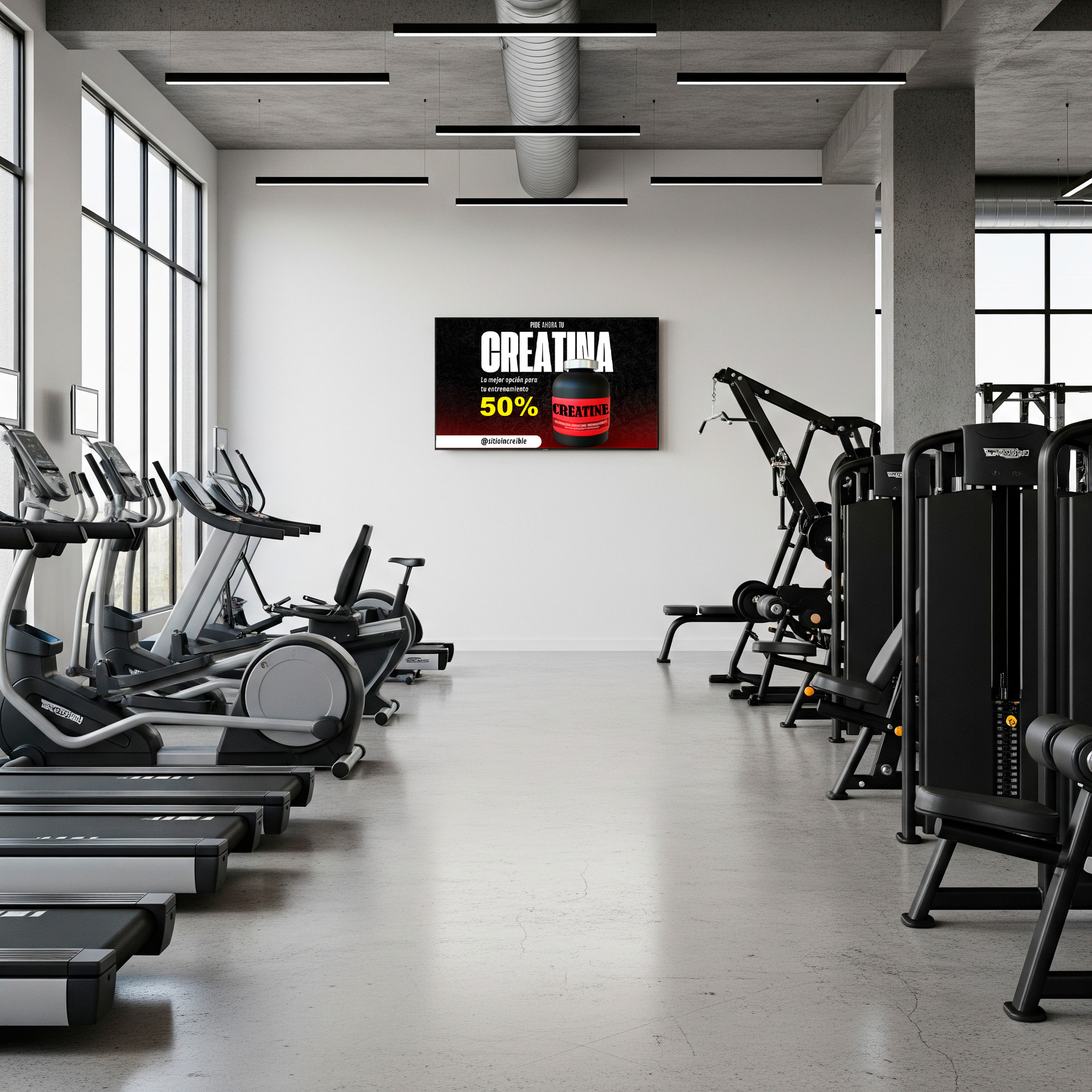 Cartelería digital mostrando rutinas de entrenamiento y contenido motivacional.