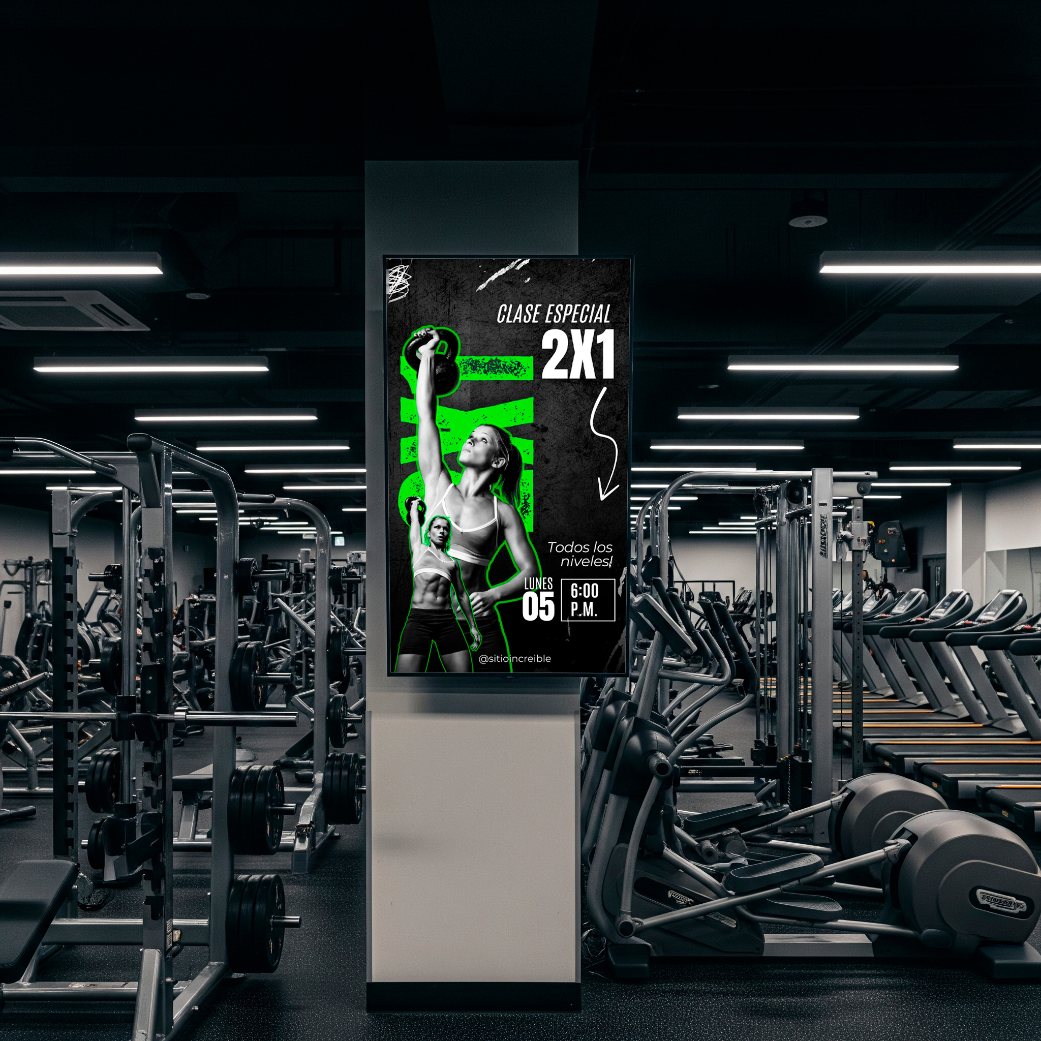 Pantalla promocionando servicios adicionales y productos en un gimnasio.