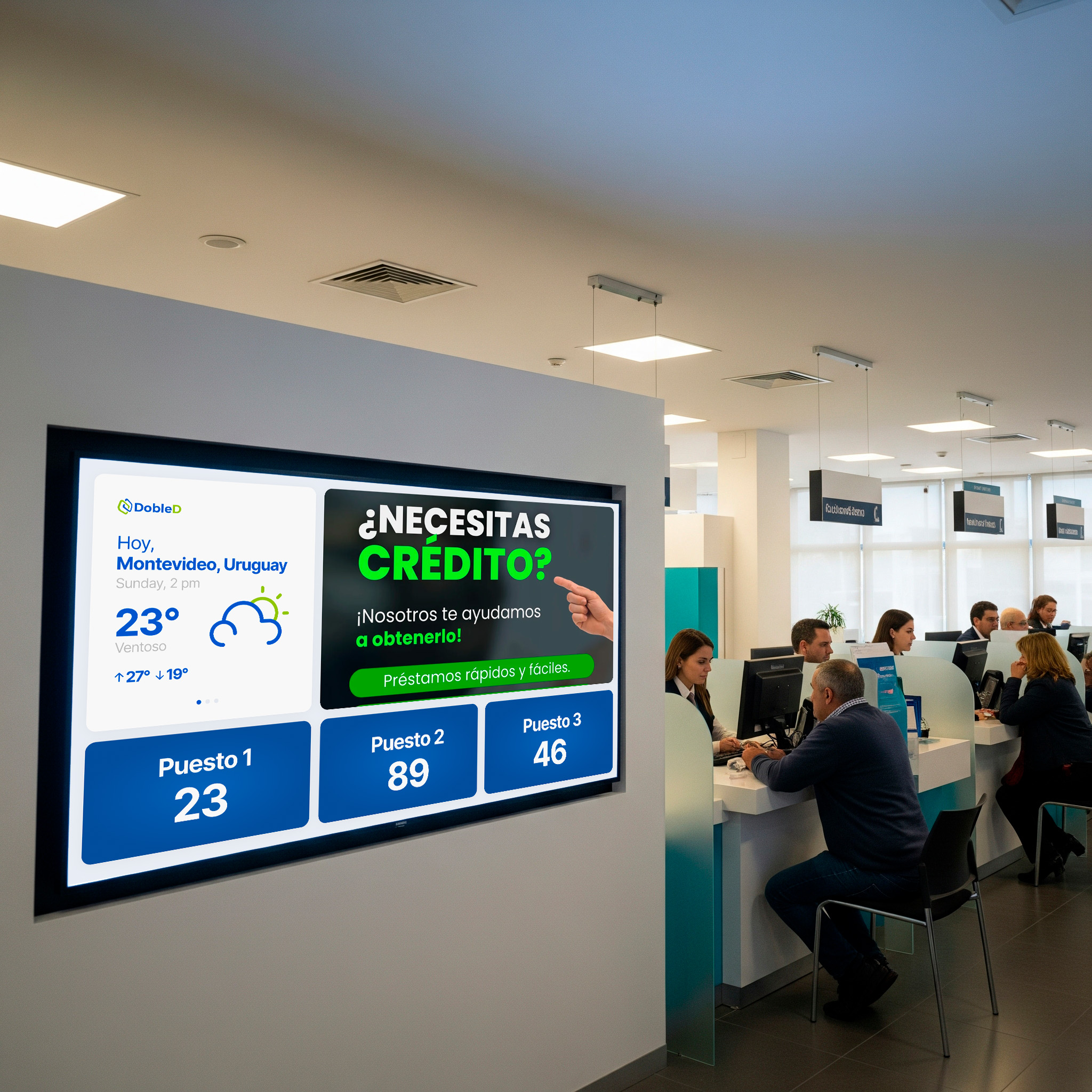Sistema de turnos categorizando consultas en una oficina bancaria.