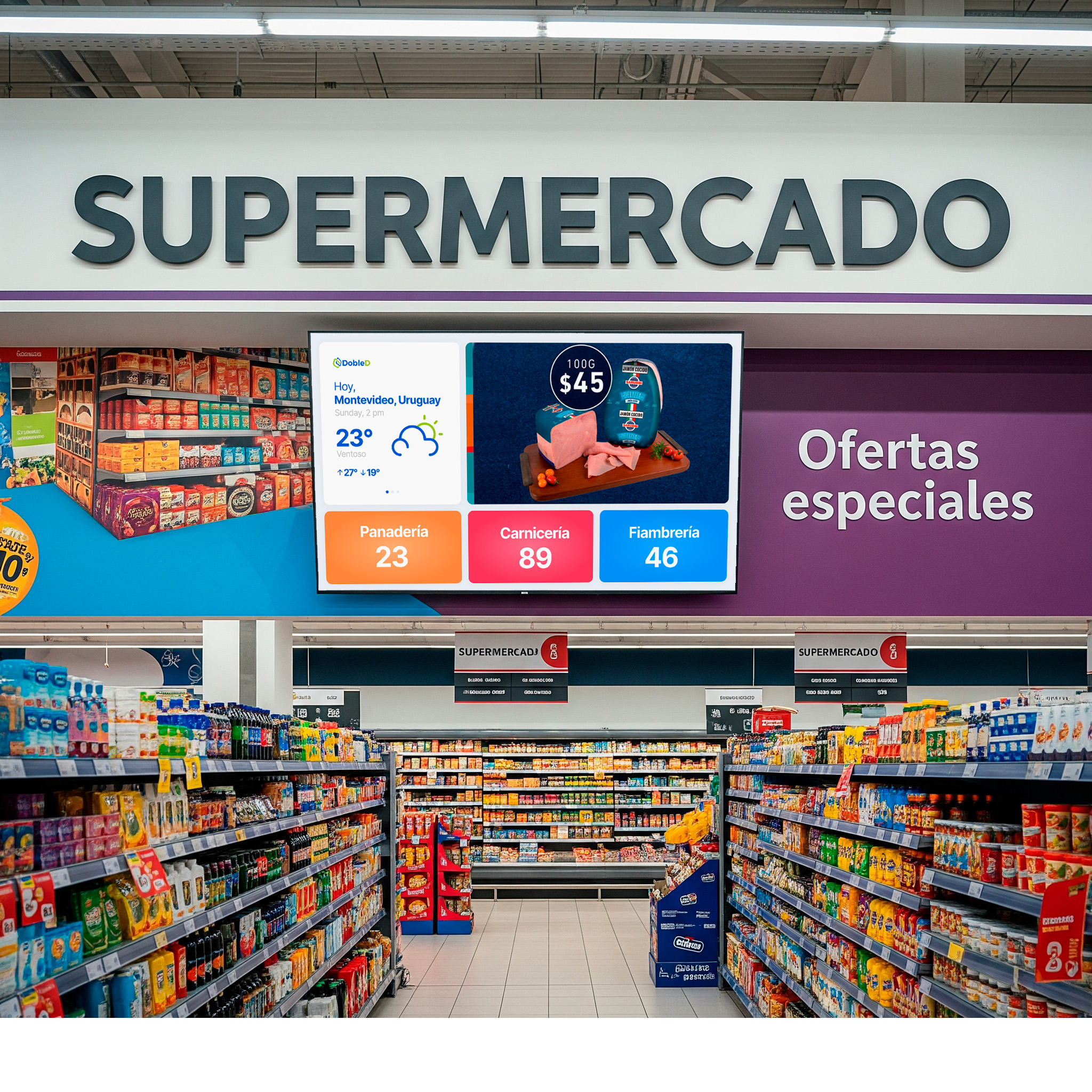 Turnero digital mostrando ofertas de fiambrería y quesos.
