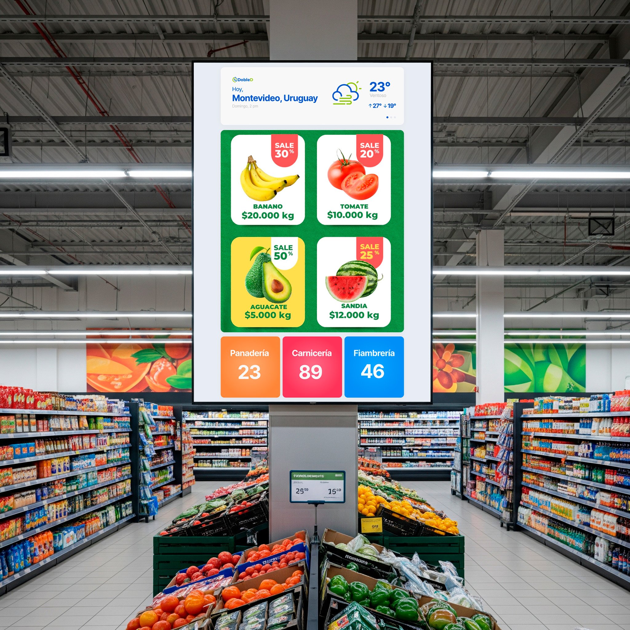 Gerente de supermercado usando el CMS de DobleD para una oferta flash.