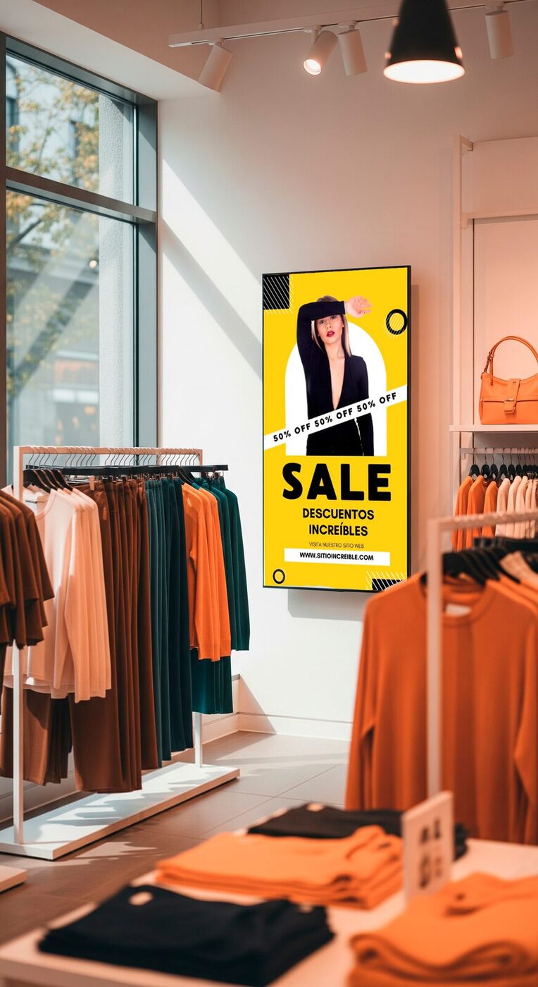 Pantalla vertical de carteleria digital dentro de una tienda de ropa anunciando 50% de descuento, orientada hacia el interior del local