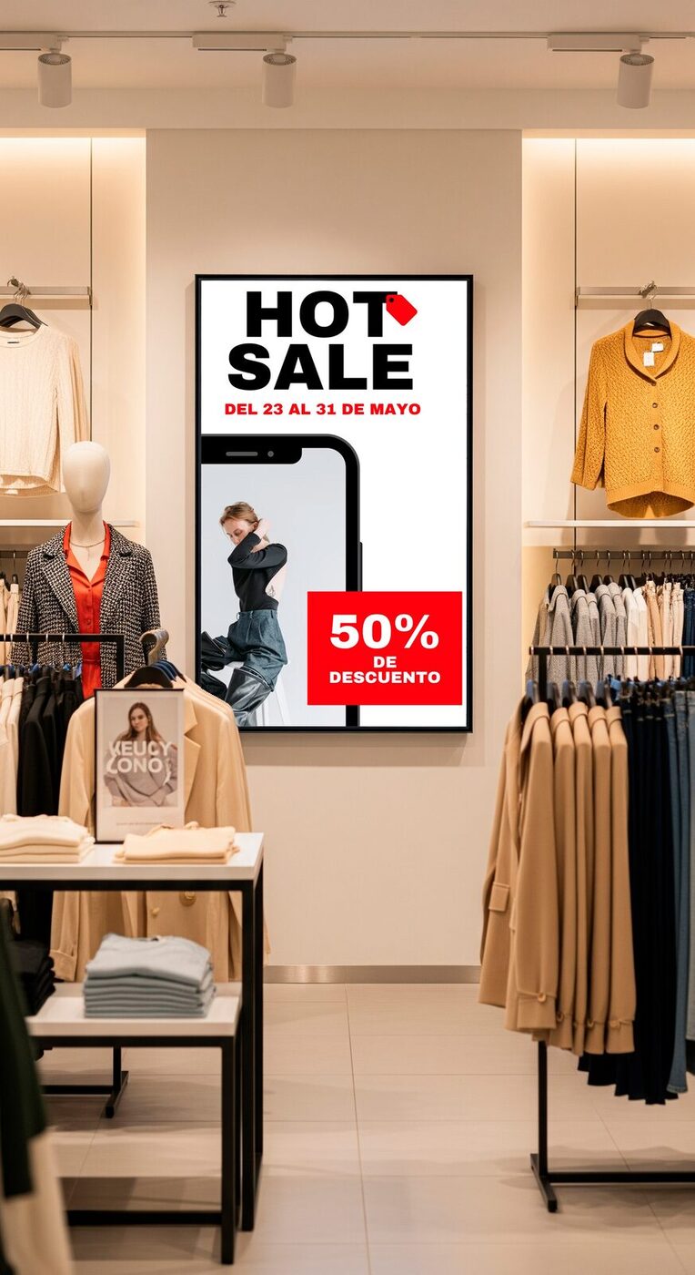 Pantalla en tienda de ropa promocionando ofertas especiales y descuentos