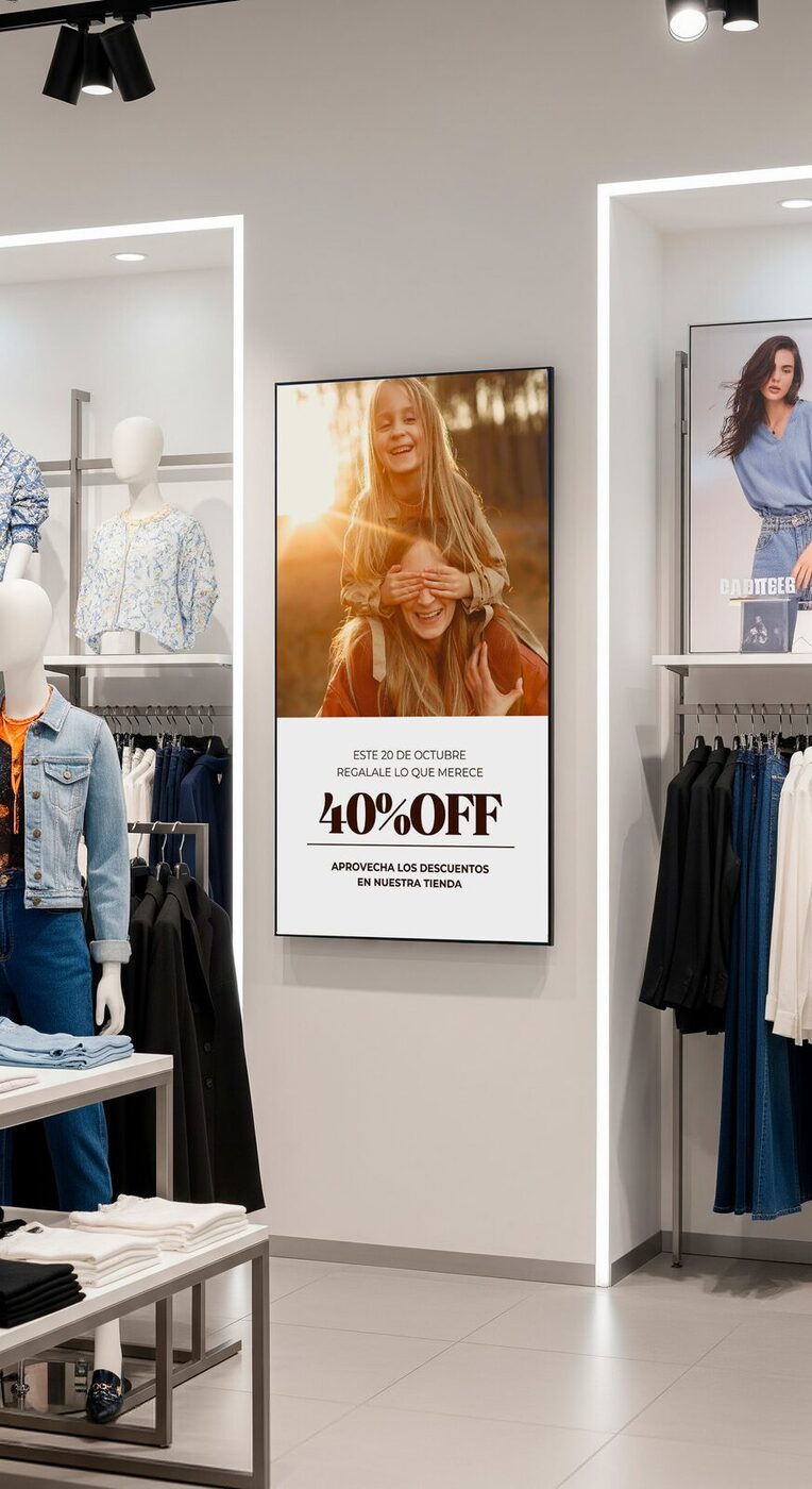 Cartelería digital mostrando looks completos y combinaciones de prendas